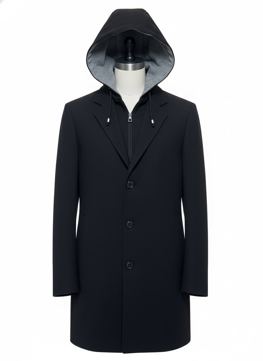Black Hooded Coat with Removable Insert