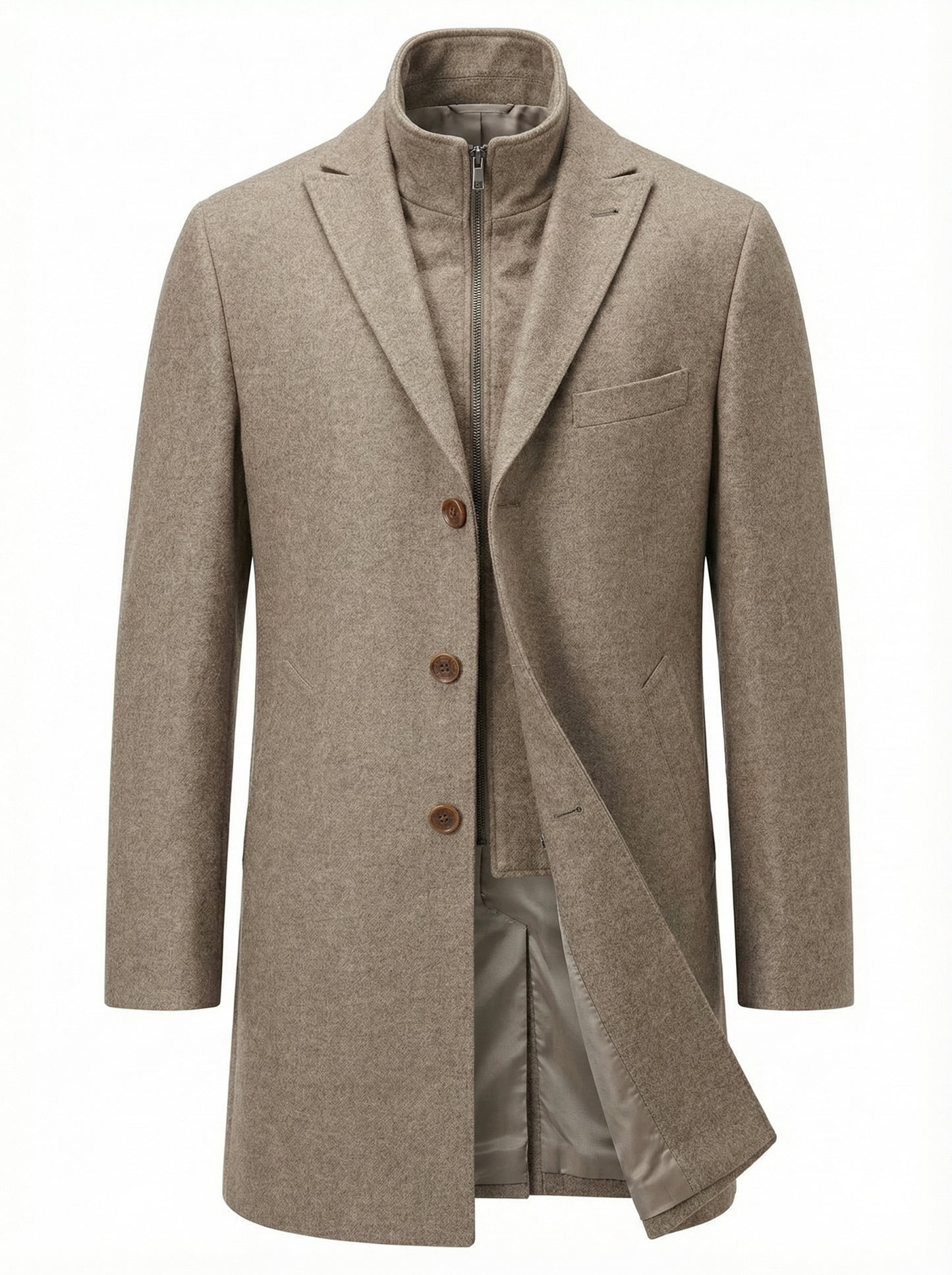 Beige Wool Overcoat with Inner Vest Panel
