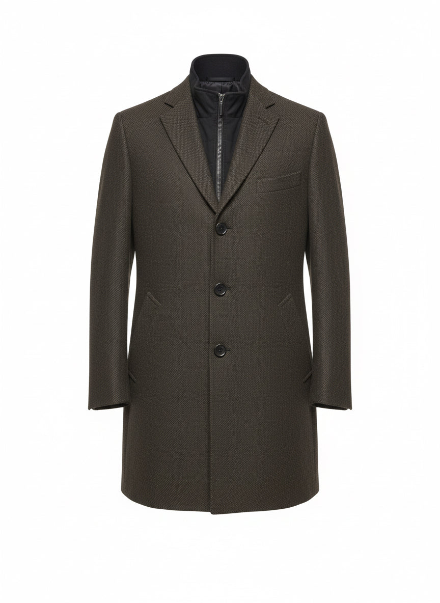 Khaki Wool Coat with Quilted Inner Vest – Refined Winter Elegance