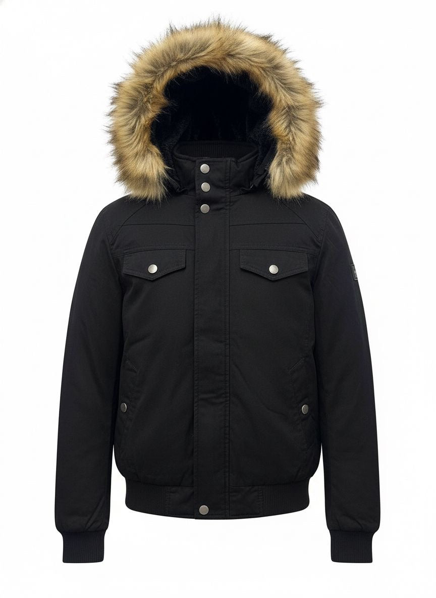 Men’s Winter Utility Bomber Jacket — Removable Faux-Fur Hood (Black)