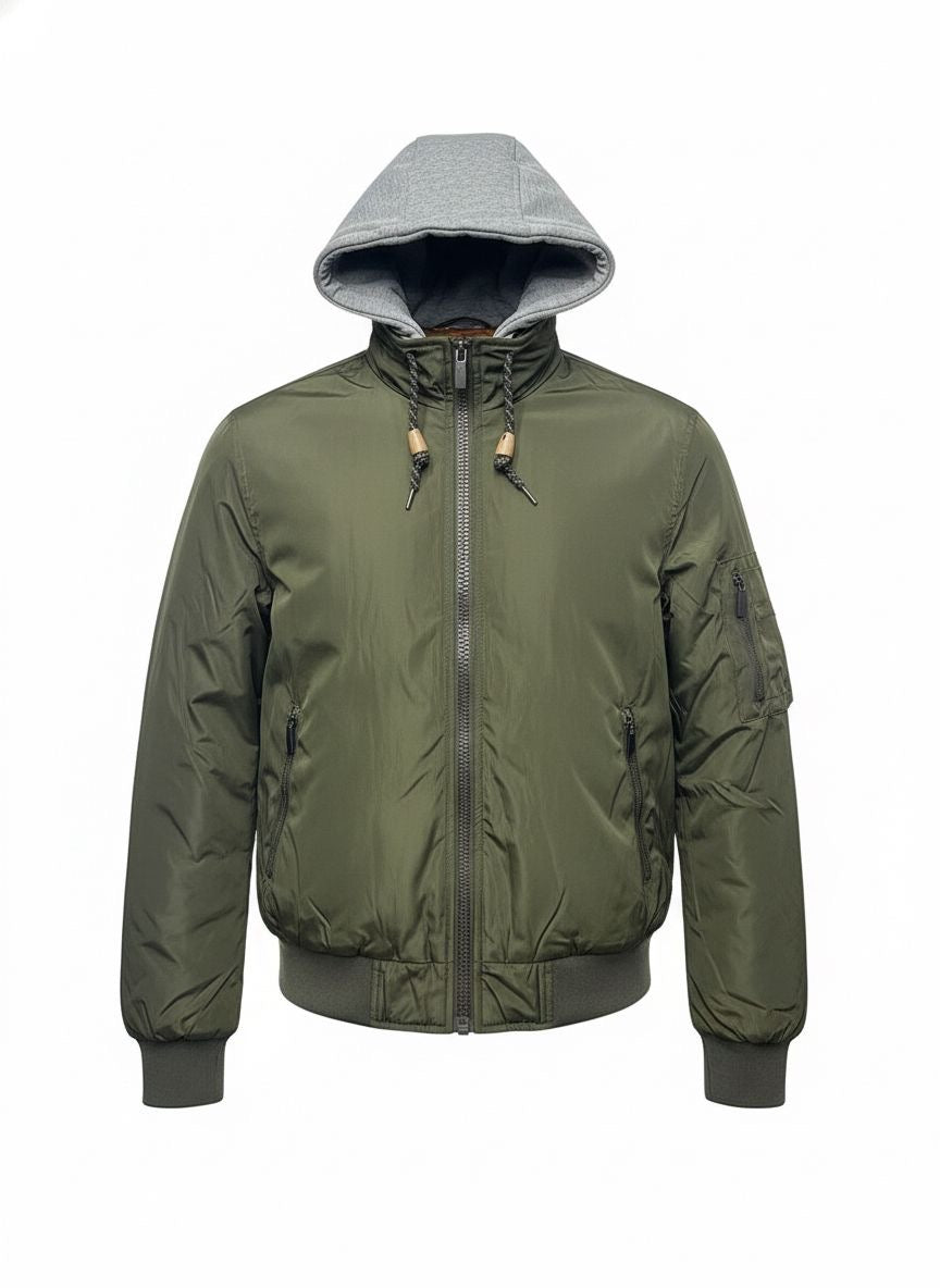 Men’s Hybrid Bomber Jacket — Removable Hoodie Layer (Khaki)