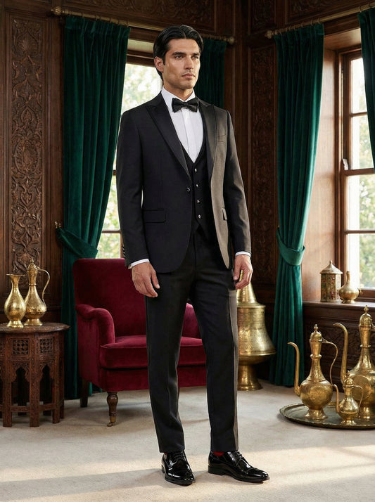 Midnight Blue Tuxedo | Three-Piece | Satin Peak Lapels