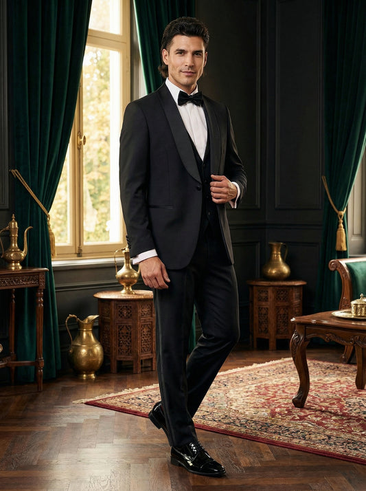 Slim Fit Green Tuxedo with Black Satin Shawl Lapel