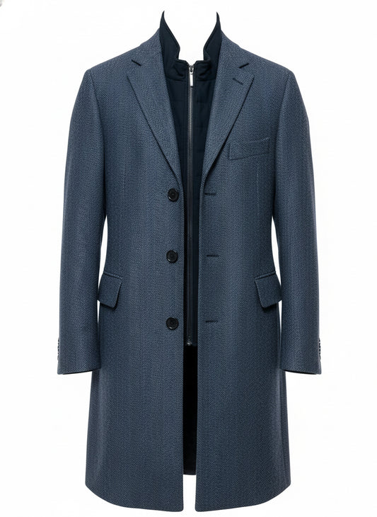 Blue Wool Coat with Quilted Inner Vest – Timeless Sophistication