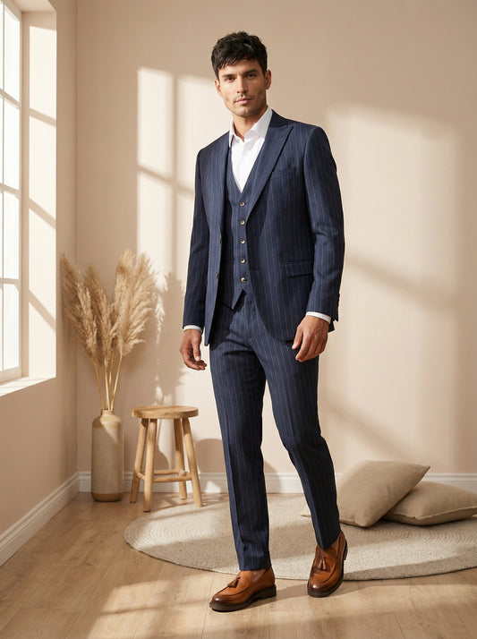 Navy Pinstripe Three-Piece Suit – Full Description
