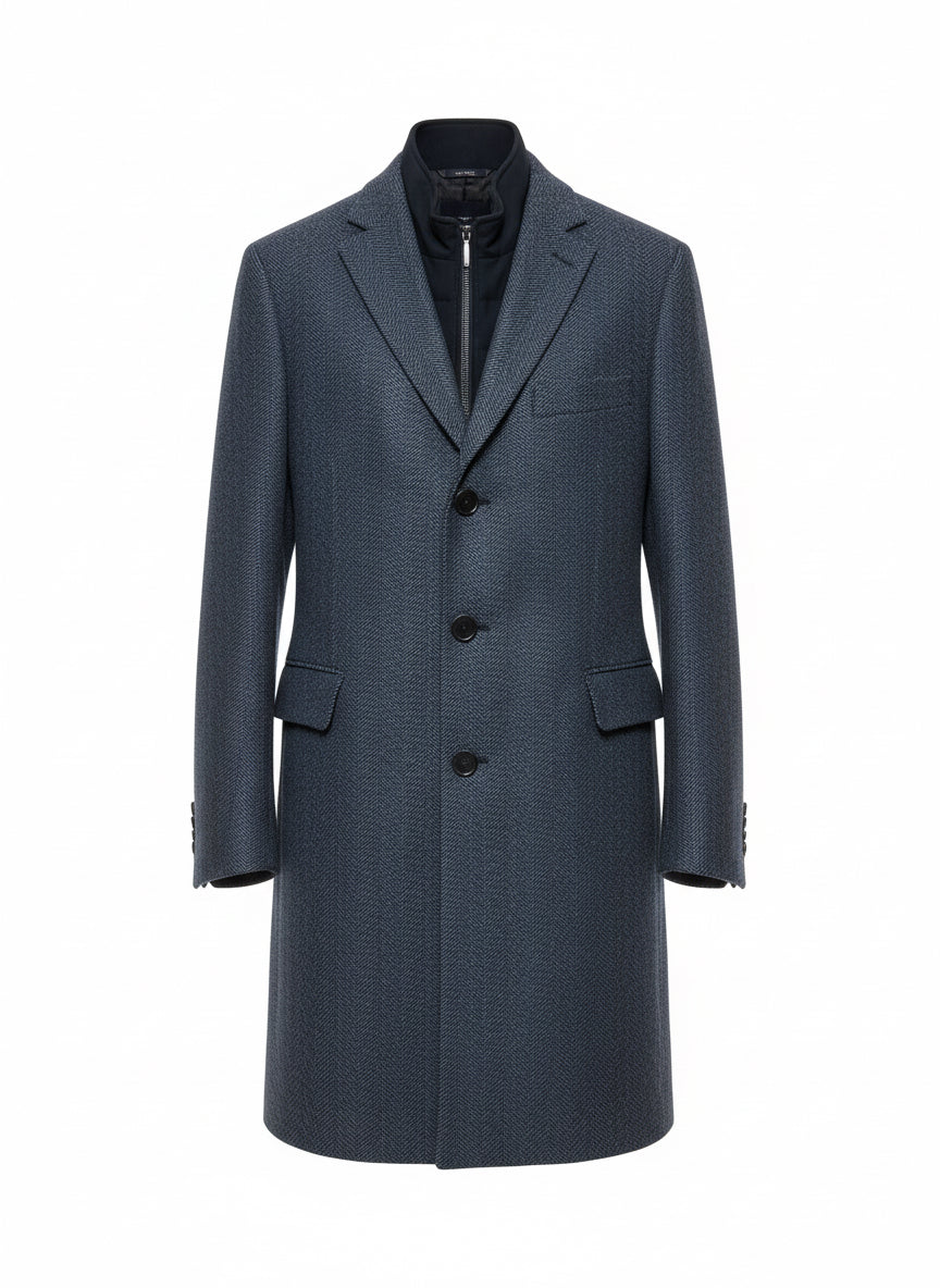 Blue Wool Coat with Quilted Inner Vest – Timeless Sophistication