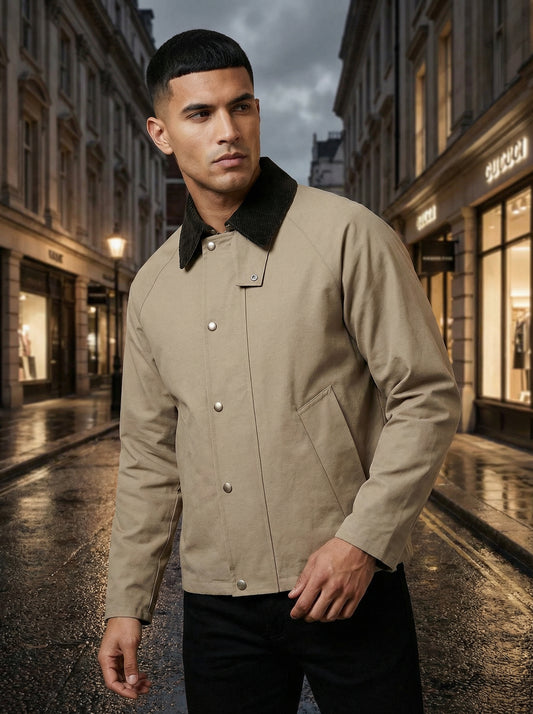 Beige Utility Jacket with Corduroy Collar