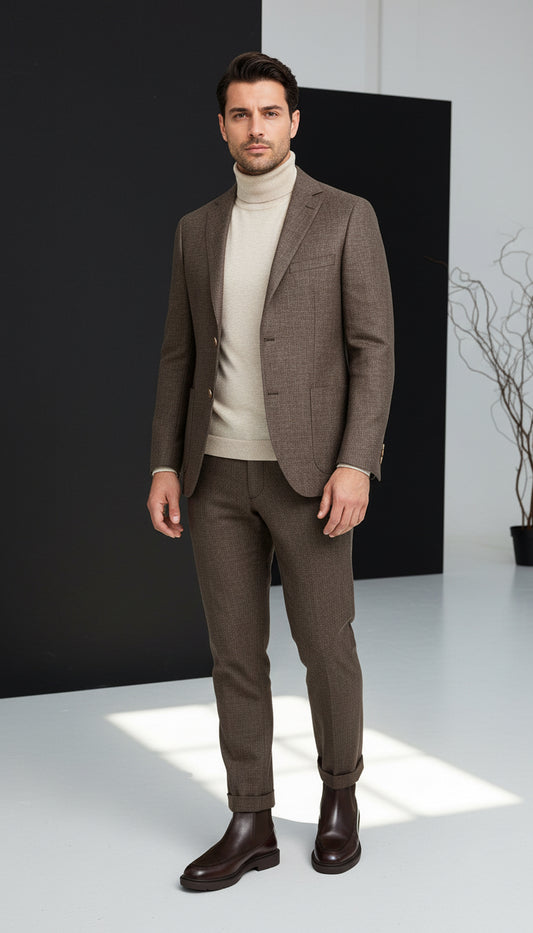 Brown Micro-Pattern Tailored Suit – Effortless Modern Refinement
