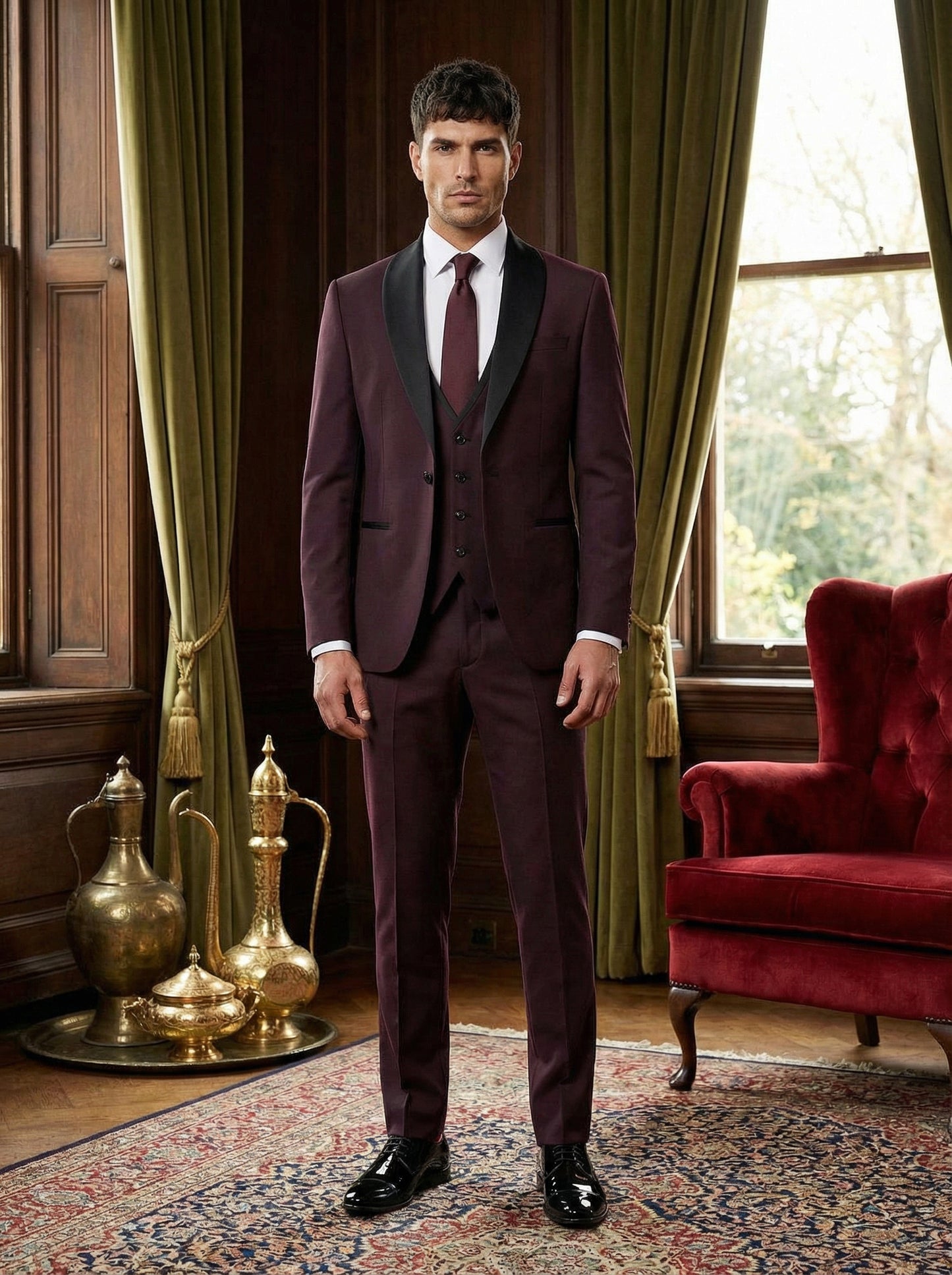 Burgundy Tuxedo – Shawl Lapel, 3-Piece