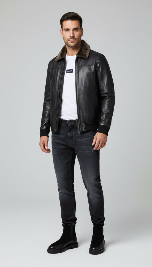Black Leather Jacket with Shearling Collar