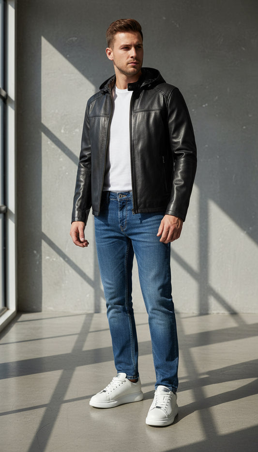 Black Leather Jacket with Detachable Hood & Lining