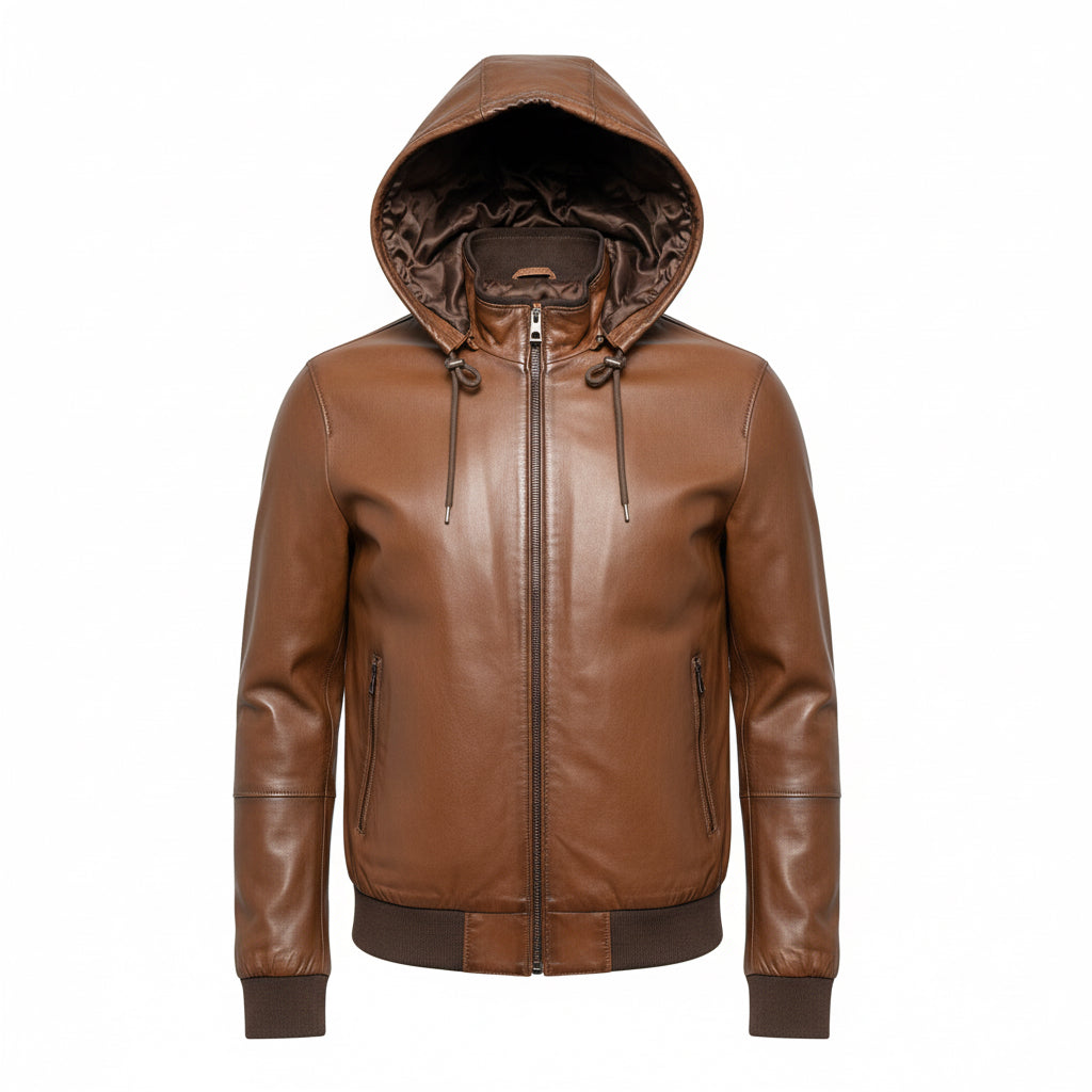 Massimo Brown Leather Jacket with Hood – Timeless Sophistication