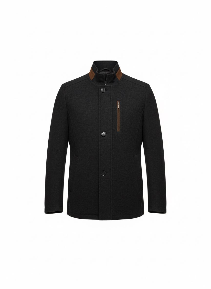 Black Wool-Blend Coat with Suede Detail