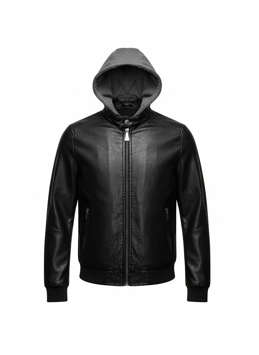 Black Leather Jacket with Removable Hood