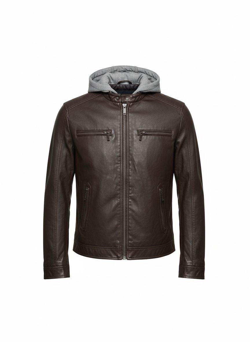 Dark Brown Leather Jacket with Removable Hood