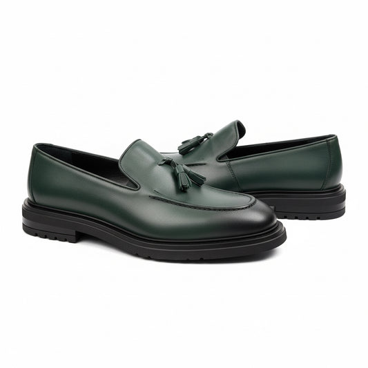 Green Leather Tassel Loafers