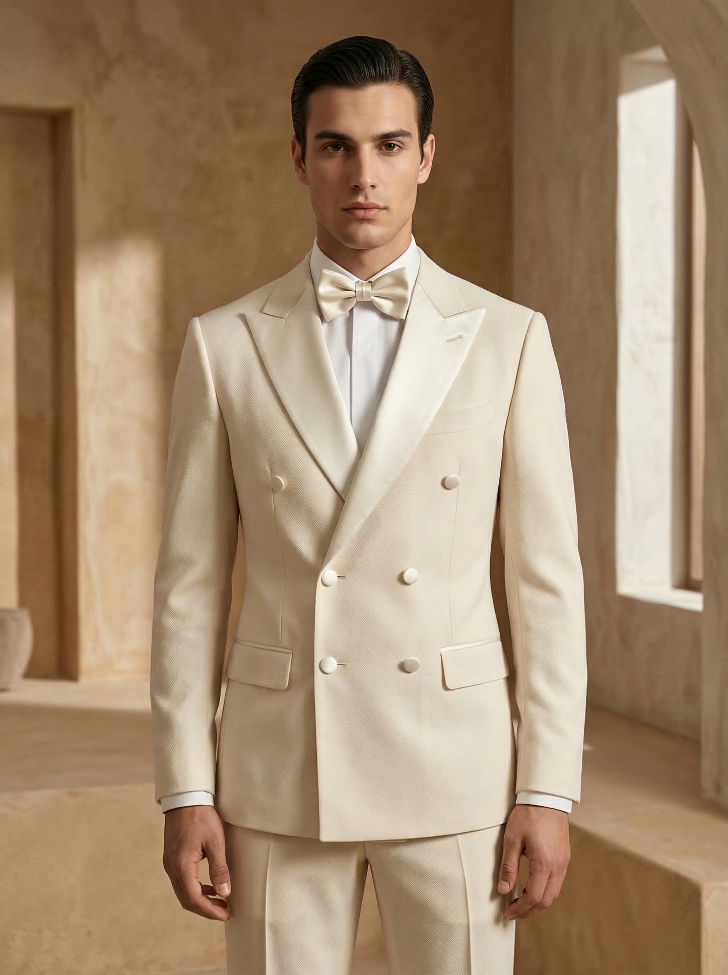 Beige Double-Breasted Suit with Bow Tie – Elegant Formal Look