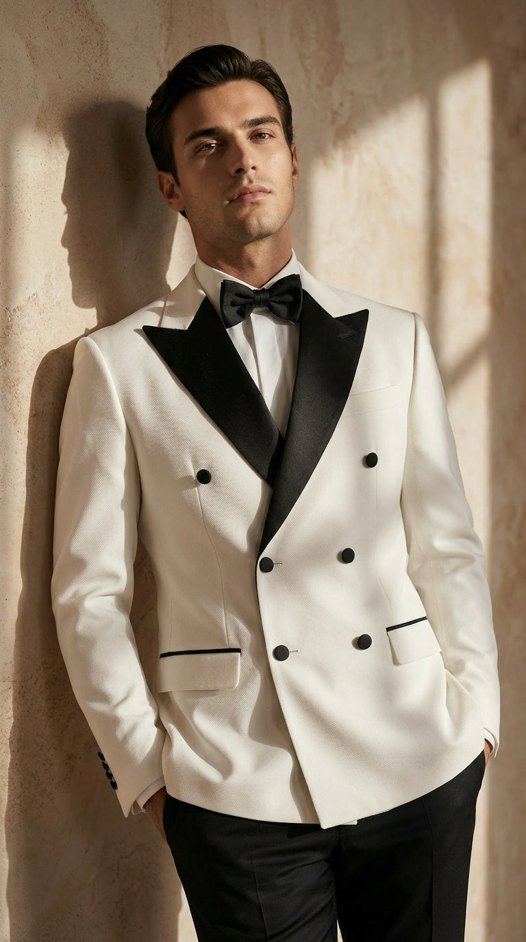 White Double-Breasted Tuxedo with Black Lapels – Luxury Formal Statement