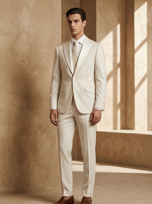 Beige Tailored Suit with Tie – Modern Elegant Formalwear