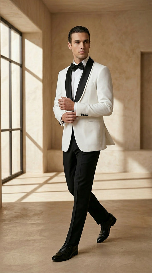 White Tuxedo Jacket with Black Shawl Lapel – Timeless Black Tie Elegance
