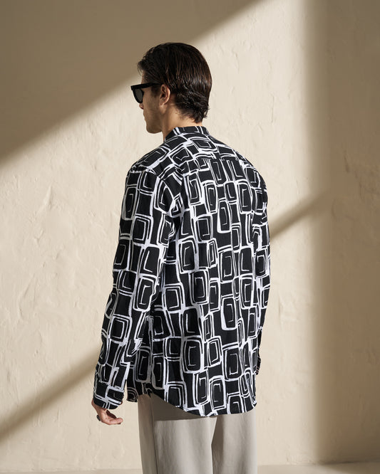VISCOSE MAO LONG SLEEVE SHIRT – BLACK GEOMETRIC PRINT