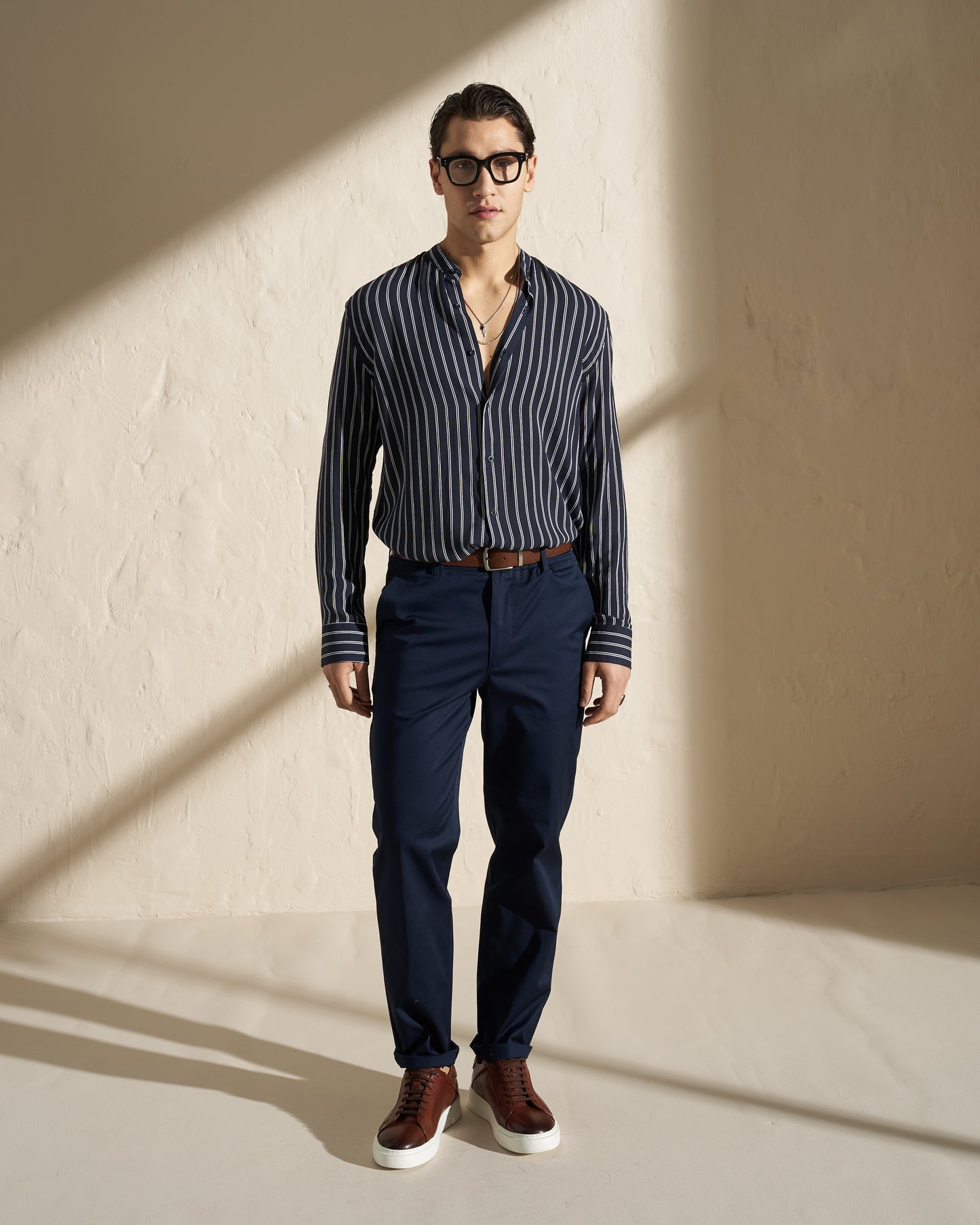 STRIPED MANDARIN COLLAR SHIRT