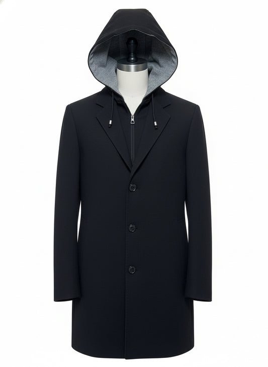 Black Hooded Coat with Removable Insert
