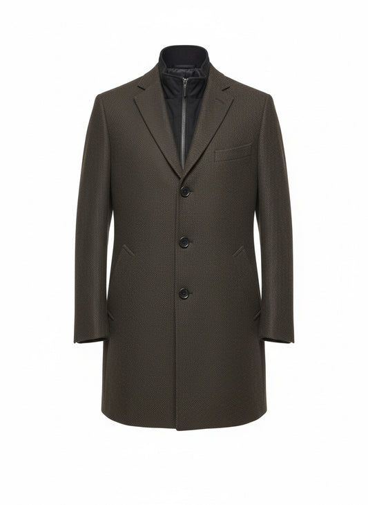 Khaki Wool Coat with Quilted Inner Vest – Refined Winter Elegance