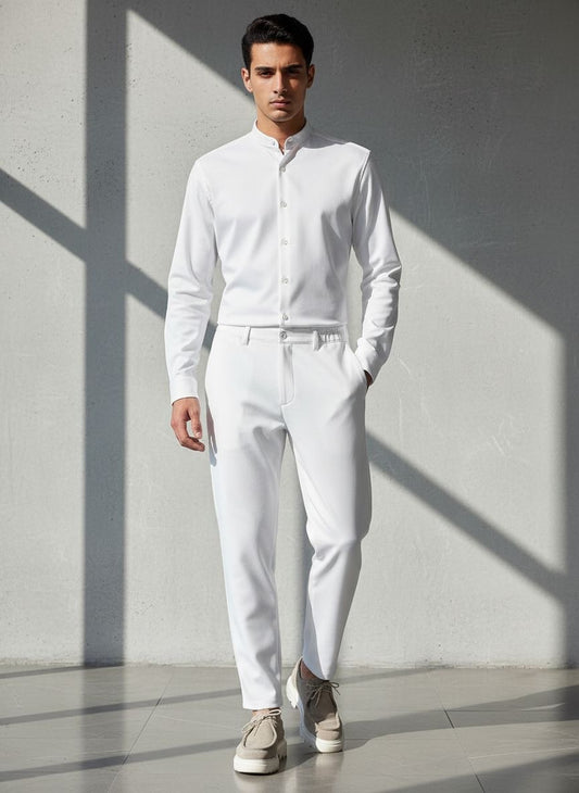 White Velvet Mandarin Collar Set – Winter Edition