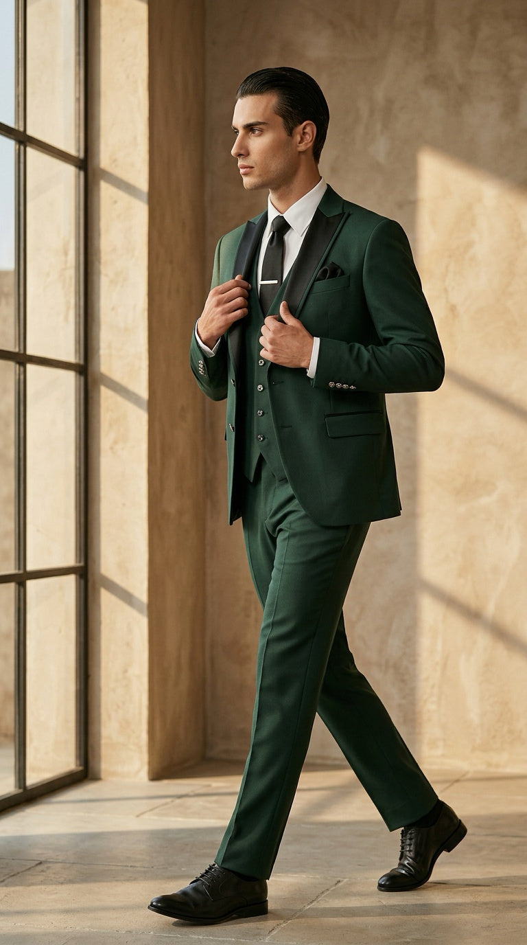 Emerald Green Suit with Black Lapels – Bold Formal Statement