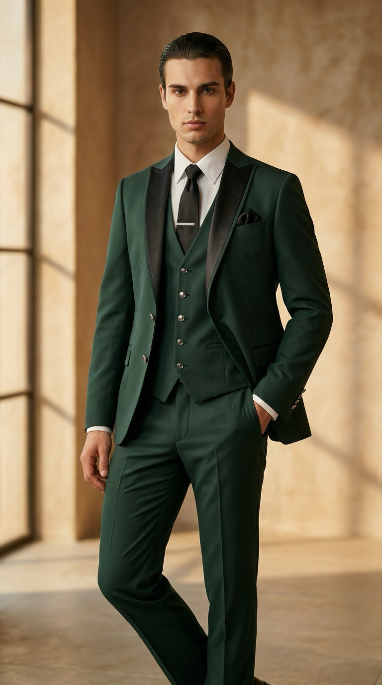 Emerald Green Suit with Black Lapels – Bold Formal Statement