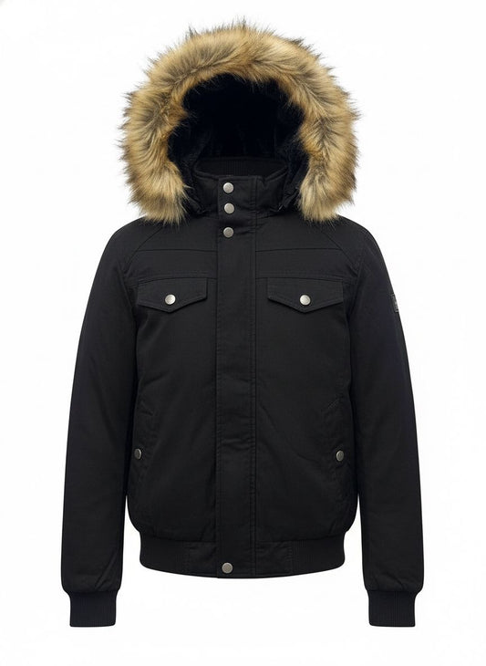 Men’s Winter Utility Bomber Jacket — Removable Faux-Fur Hood (Black)