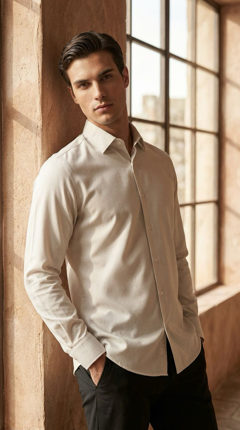 Beige Fil-à-Fil Shirt – Slim Fit Modern Classic