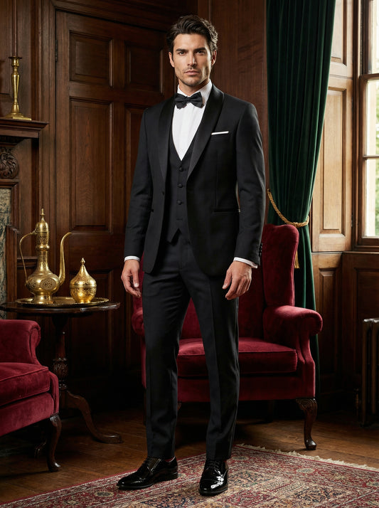 POSH – Black Tuxedo 3-Piece Suit with Satin Lapels