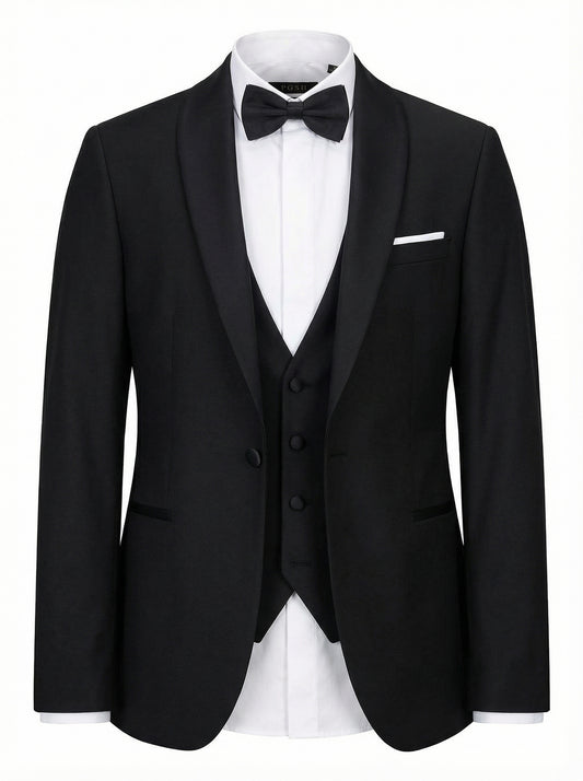 POSH – Black Tuxedo 3-Piece Suit with Satin Lapels