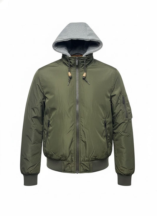 Men’s Hybrid Bomber Jacket — Removable Hoodie Layer (Khaki)