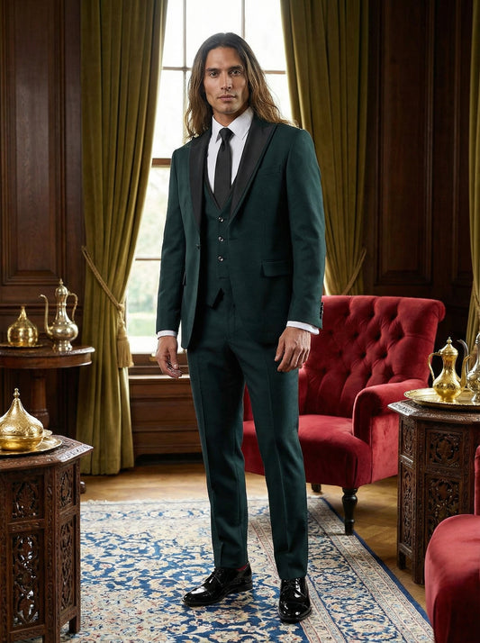 Emerald Black Satin Peak Lapel Suit
