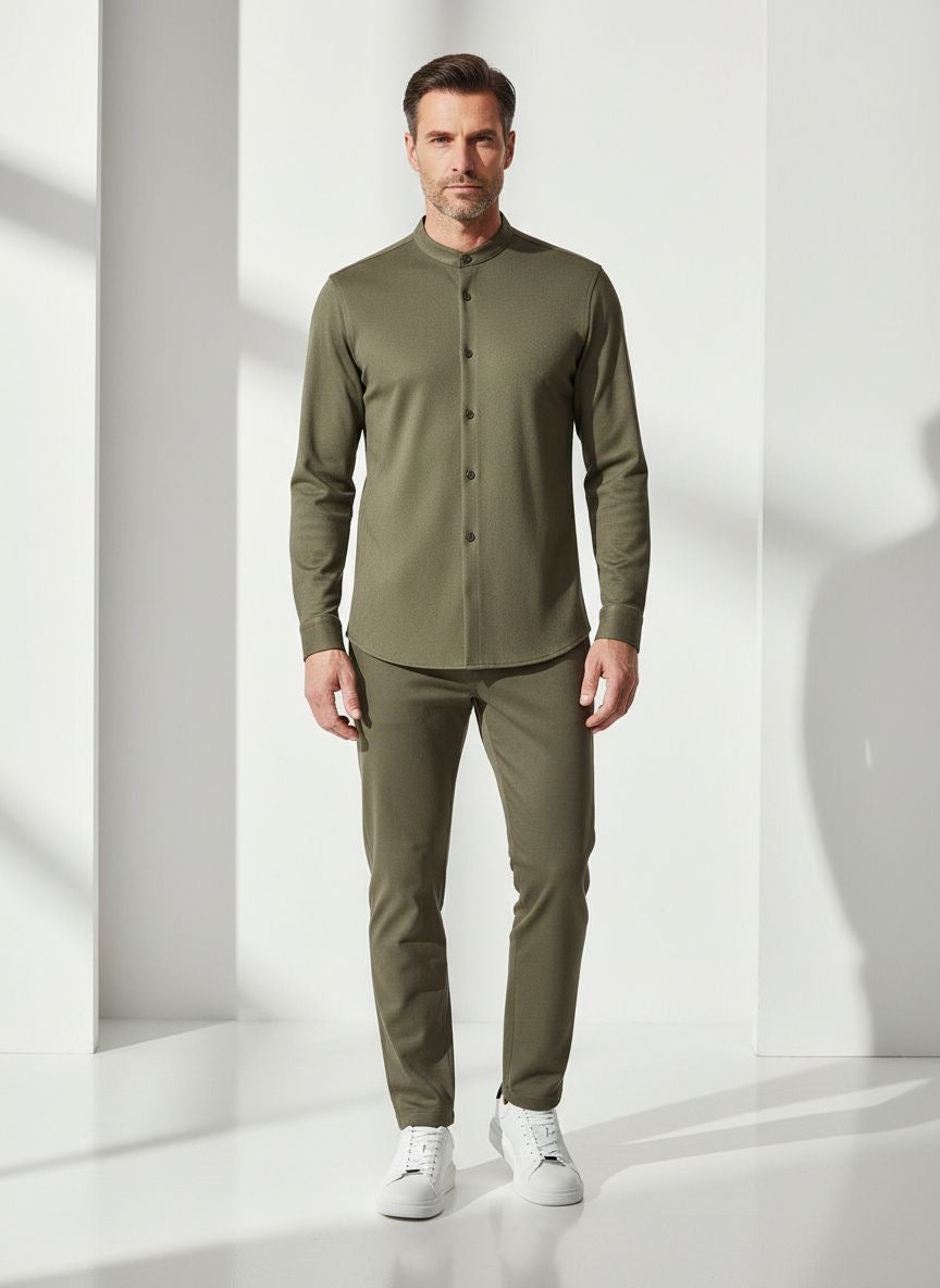 Khaki Velvet Mandarin Collar Set – Winter Edition