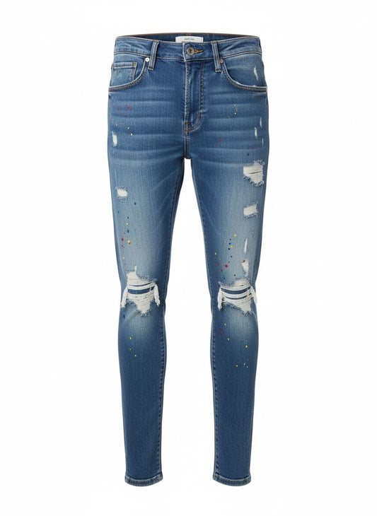 Men’s Slim Fit Jeans — Light Blue Paint-Splatter & Ripped