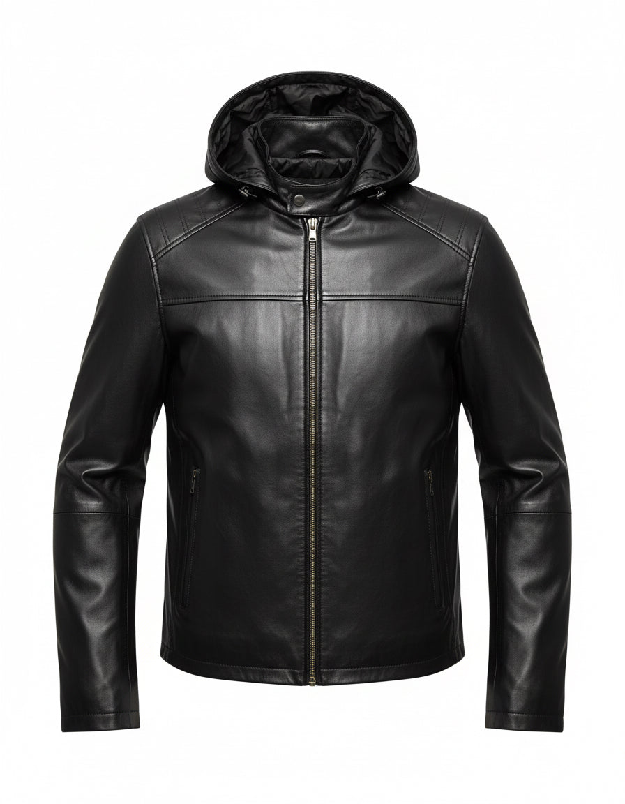 Black Leather Jacket with Detachable Hood & Lining