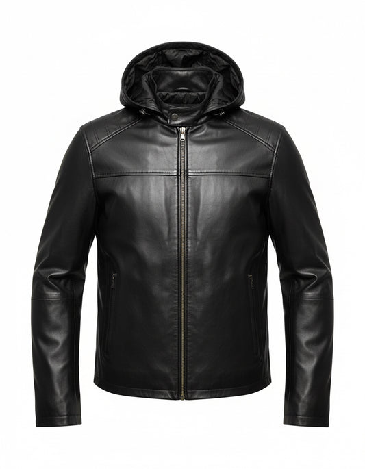 Black Leather Jacket with Detachable Hood & Lining