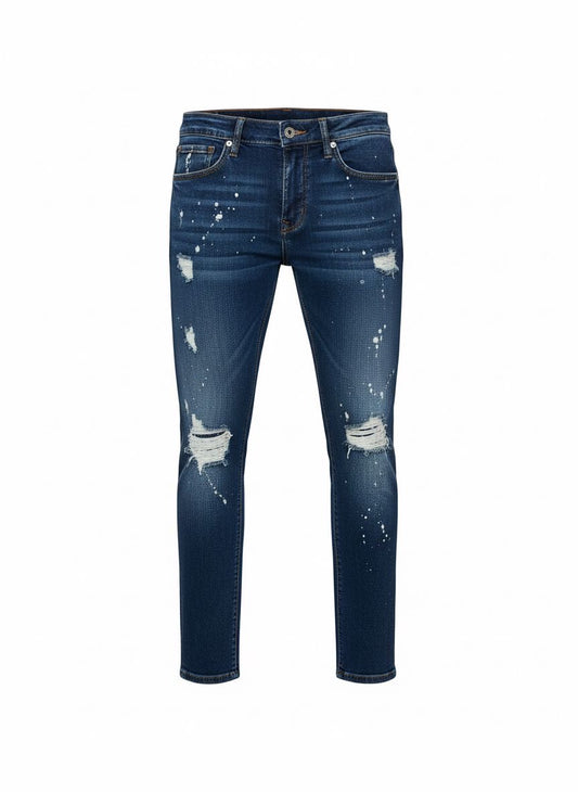 Men’s Slim Fit Jeans — Dark Blue Paint-Splatter & Distressed