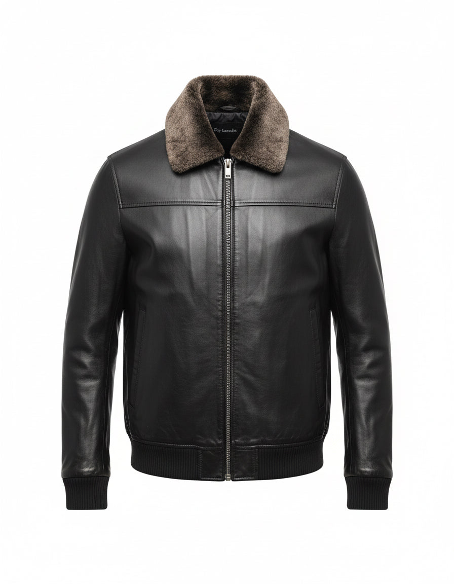 Black Leather Jacket with Shearling Collar