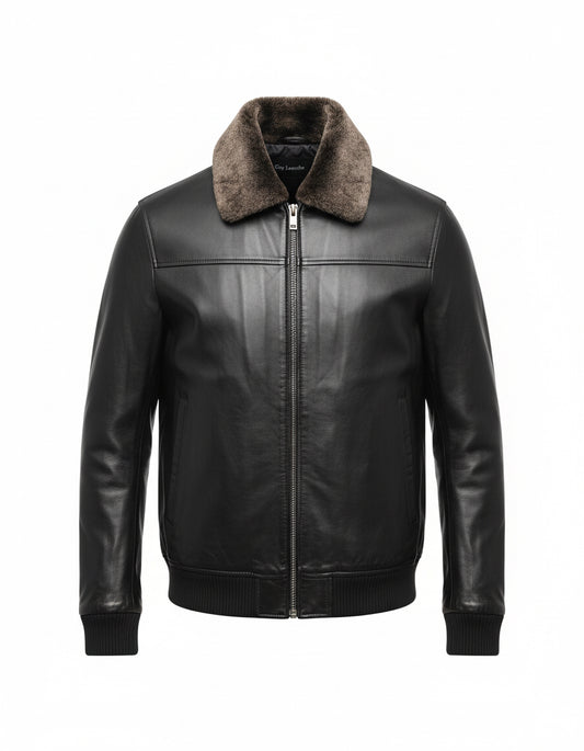 Black Leather Jacket with Shearling Collar