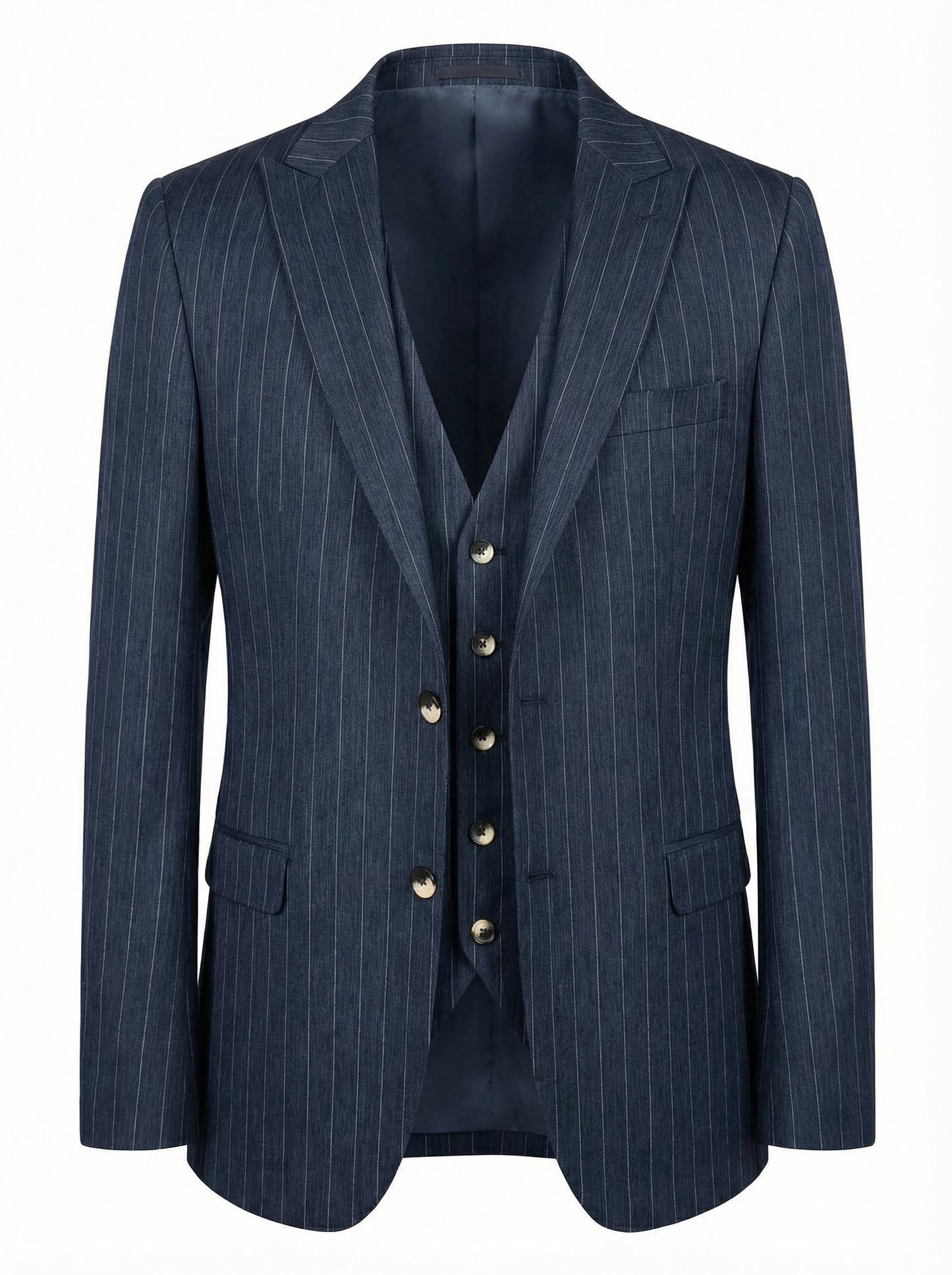 Navy Pinstripe Three-Piece Suit – Full Description