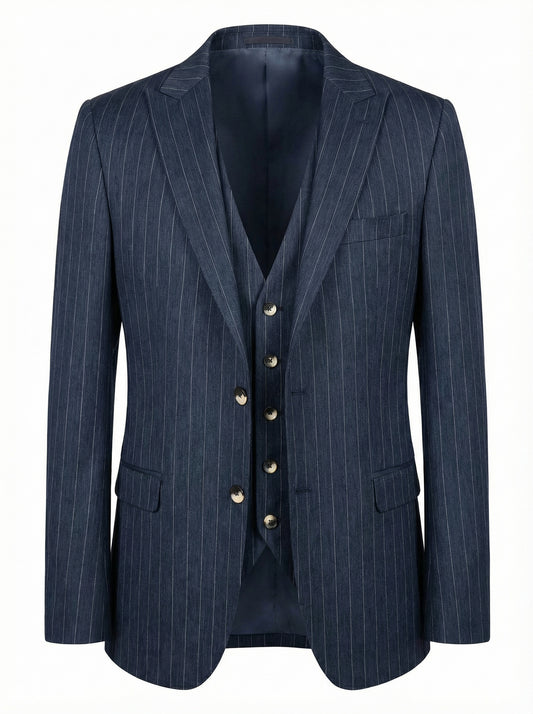 Navy Pinstripe Three-Piece Suit – Full Description