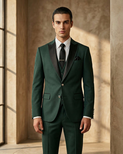 Emerald Green Suit with Black Lapels – Bold Formal Statement