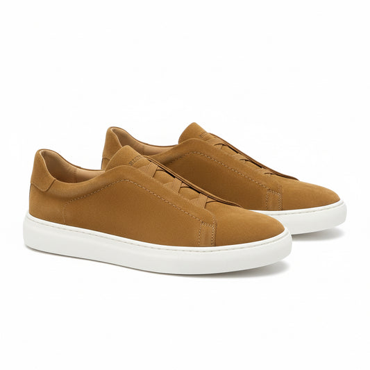 Makris Camel Suede Slip-On Sneakers – Minimal Luxe Comfort