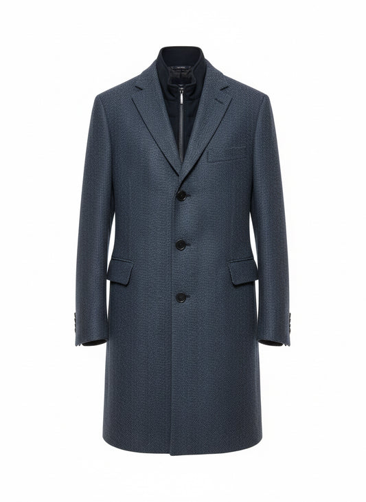 Blue Wool Coat with Quilted Inner Vest – Timeless Sophistication