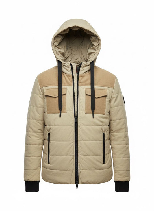 Men’s Quilted Hooded Jacket — Beige